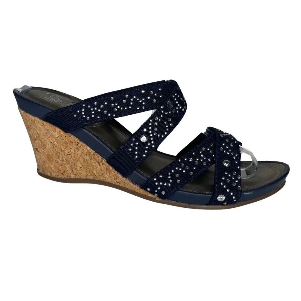IMPO Vena Navy Blue Rhinestone Stretch Wedge Sandals Size 8